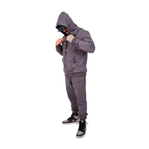 OMD™ Charcoal Grey Ultimate Sweatsuit - Close-Up of Durable Zipper and Hoodie