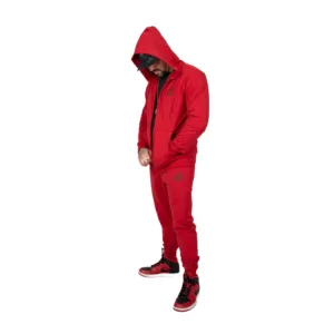 OMD™ Crimson Red Performance Sweatsuit - Full View of Hooded Sweatshirt and Joggers