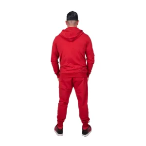 OMD™ Crimson Red Performance Sweatsuit - Detail of Sturdy Zipper and Hoodie